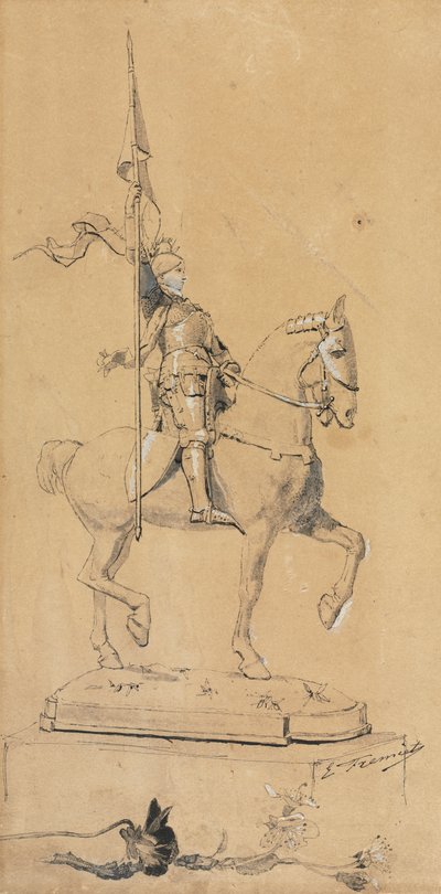 馬上のジャンヌ・ダルク、1889-1899年頃（ペンと墨、墨汁と白による彩色） 作： Emmanuel Fremiet
