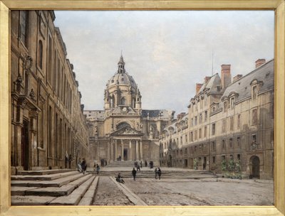 1886 年の古いソルボンヌの中庭の眺め、リシュリューの要請で 17 世紀に建てられたソルボンヌの古いアンサンブルは、1885 年から 1901 年の間に再建され、拡大されるために破壊されました。ルイ 13 世様式に触発された建物は設計されました。 作： Emmanuel Lansyer