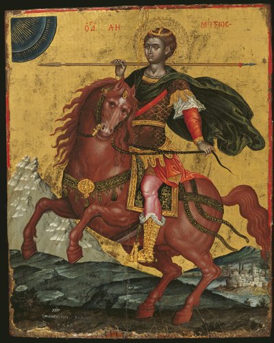 馬に乗った聖デメトリオスのアイコン、1672年（パネル上の卵のテンペラ） 作： Emmanuel Tzanes