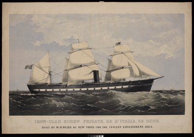 鉄製スクリュー・フリゲート、レ・イタリア、32門、1863年イタリア政府のためにニューヨークのW・H・ウェッブが建造（リトグラフ、彩色済み） 作： Endicott Endicott