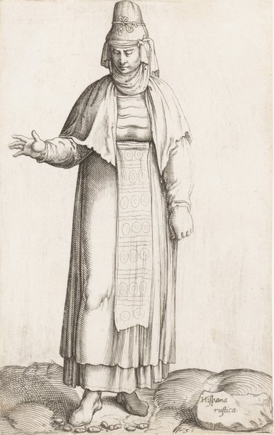 衣装プレート: ヒスパナ・ルスティカ、ロックにラベルが貼られています。 1557-58。 作： Enea Vico