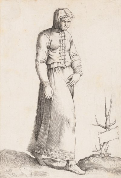 コスチューム プレート: フード付きの服を着た女性、ca. 1557-58。 作： Enea Vico