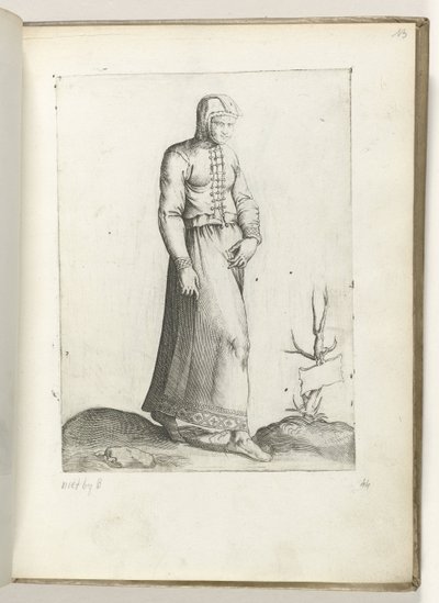 Een vrouw uit Spanje, gekleed volgens de mode van ca. 1550 私たちの時代のさまざまな国の態度（シリーズタイトル） 作： Enea Vico