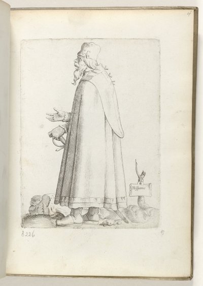 スペイン語 (オブジェクトのタイトル) Oude man, naar links, in Spaanse kleding. 約。 1550 私たちの時代のさまざまな国の態度（シリーズタイトル） 作： Enea Vico