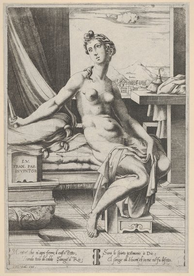 ルクレティアは裸で窓の前に座っており、右手には短剣、d ...、ca。 1535-67。 作： Enea Vico