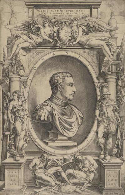 1550年、ヴィクトリアが両脇にいる精巧なカルトゥーシュの中で右を向いているジョヴァンニ・デ・メディチの肖像。 作： Enea Vico
