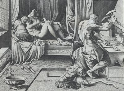 1543 年、彼の鍛冶場で働くバルカン人を抱きしめる金星と火星。 作： Enea Vico