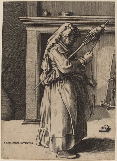糸巻き棒を持った老婆 作： Enea Vico after Parmigianino