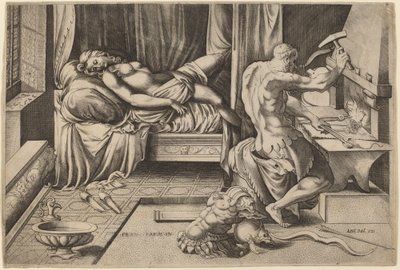 鍛冶場でバルカンと横たわるヴィーナス 作： Enea Vico after Parmigianino