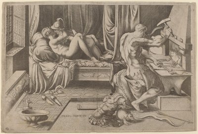 金星と火星が鍛冶場でバルカンと抱き合う 作： Enea Vico after Parmigianino