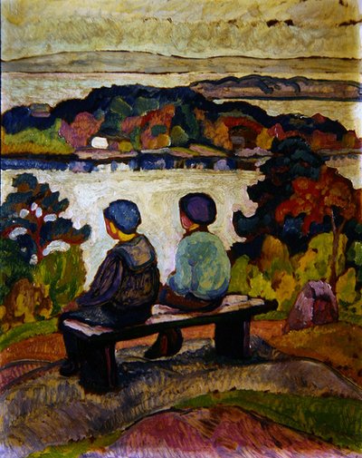 川の風景の中の二人の少年 作： Engelbert Gminska