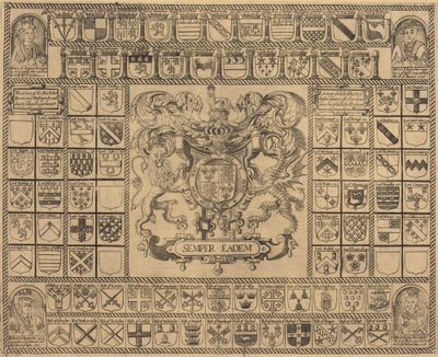 ヘンリー 7 世、ヘンリー 8 世、エドワード 6 世、メアリーの隅の肖像画が描かれた紋章 作： English 16th Century