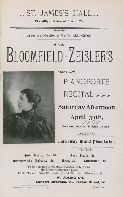 Fannie Bloomfield-Zeislerによるコンサートの広告 作： English Photographer