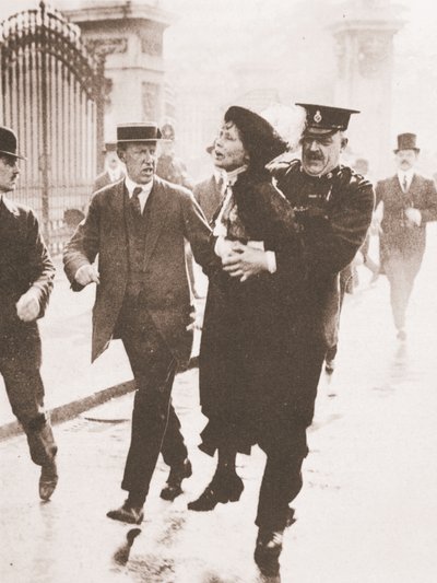 国王に請願しようとしてバッキンガム宮殿の外で逮捕されたエメリン・パンクハースト（1914年5月21日）（セピア写真 作： English Photographer