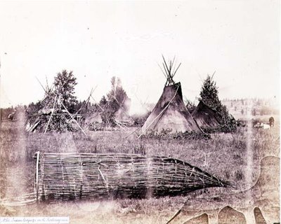 英国工兵隊が四十九度線で撮影したクートニー川のインディアン・ロッジ（セピア色の写真） 作： English Photographer