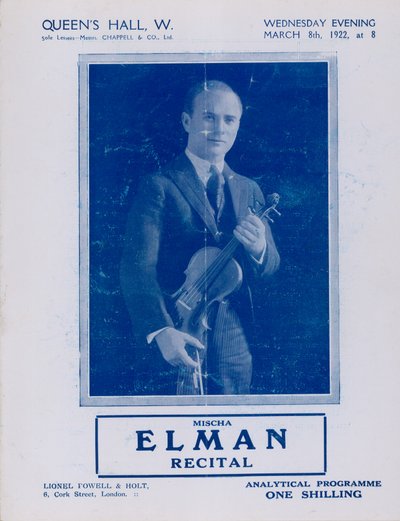 1922年3月8日、クイーンズホール、ミッシャエルマンリサイタルのプログラム 作： English Photographer