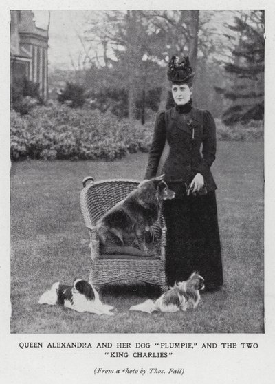 アレクサンドラ女王と愛犬プランピー、そして2匹のキングチャールズスパニエル（モノクロ写真 作： English Photographer
