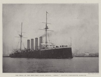 ポーツマス港を去る新しいファーストクラスの巡洋艦Cressyの試用 作： English Photographer