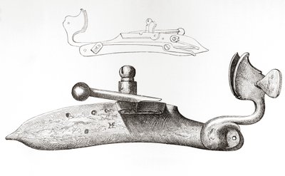 17世紀の火縄銃。 The British Army: Its Origins, Progress and Equipment、1868 年発行のハンドヘルド銃器を発射するために使用されるメカニズムまたはロック。 作： English School
