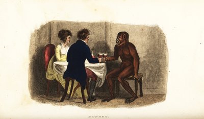 18世紀のオランダ人夫婦がボルネオ島のオランウータンと一緒に食卓でワインを飲む様子 作： English School