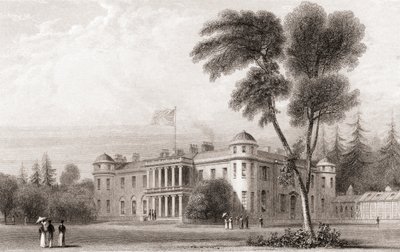 1800-luvun näkymä Goodwood Housesta, Länsi-Sussexista, Etelä-Englannista. Churtonin muotokuva- ja maisemagalleriasta, julkaistu 1836. 作： English School