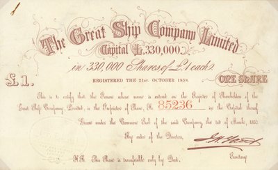 The Great Ship Company Limitedが発行した1ポンドの株券 作： English School