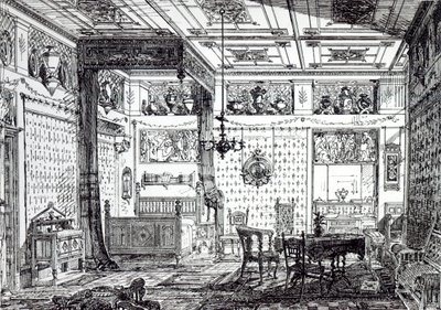 1872年12月1日の「The House-Furnisher and Decorator」のベッドルーム 作： English School