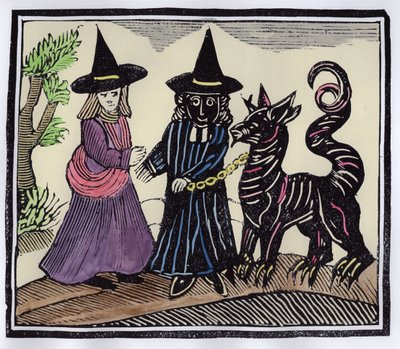 悪魔の動物を持つ黒と白の魔女、エソテリカのチャップブックのコレクションのイラスト（後の着色） 作： English School