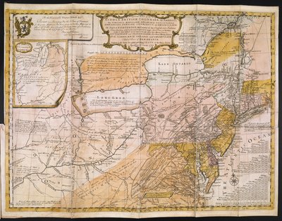 アメリカ中部イギリス植民地の一般地図。 つまり。 バージニア州、マリランド州、デラウェア州、ペンシルバニア州、ニュージャージー州、ニューヨーク州、コネチカット州、およびロードアイランド州: 南軍インディアンの国であるアクアニシュオニジの . . . エリー湖、オンタリオ湖、Ch 作： English School