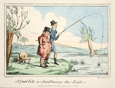 A Good Bite or Swallowing the Bait, pub.1835年（手彩色彫刻）。 作： English School