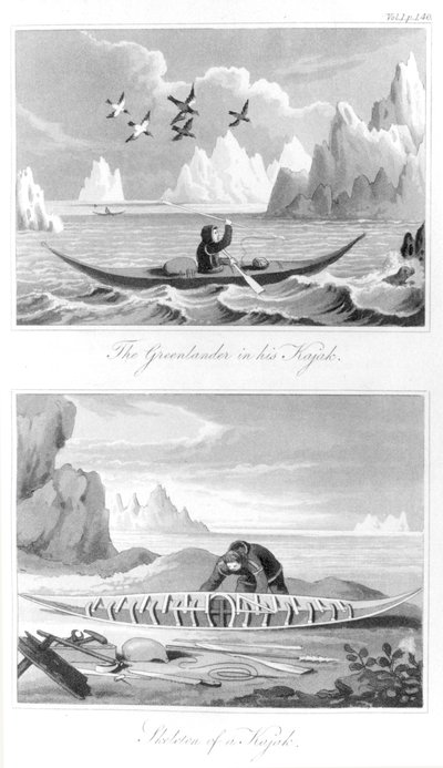 グリーンランド人と彼のカヤック、デイビッドクランツ作のグリーンランドの歴史、1820年 作： English School