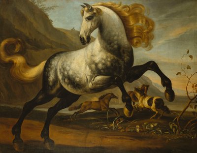 灰色の跳ねる種牡馬と、たてがみのあるたてがみが、岩の多い風景で戦っている種牡馬 作： English School