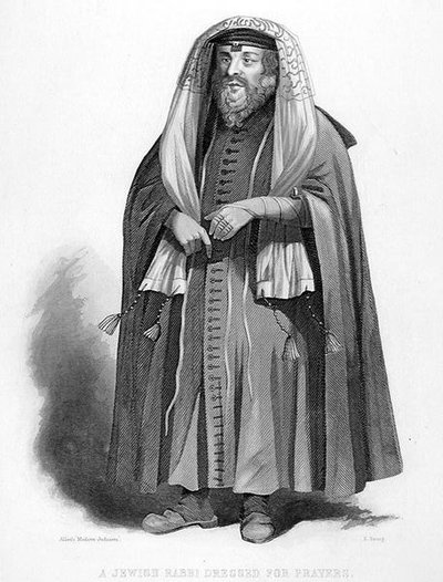 A. Fullarton & Co.発行の「World Religion」に掲載されているR.Youngの彫刻による「A Jewish Rabbi dresses for Prayers」。(エングレーヴィング) 作： English School