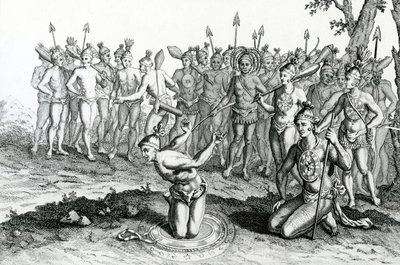 フロリダのキング、バトルに行く前に彼のマジシャンに相談しました。ムーアの航海と旅行、1778年から取られたイラスト 作： English School