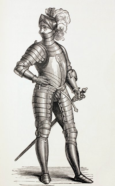 15世紀の完全な鎧の騎士、1880年頃 作： English School