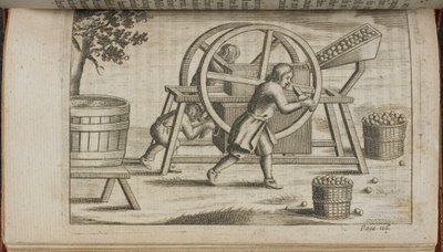果物を圧搾する機械、「Vinetum Britannicum」または「Cyder の論文」のイラスト 作： English School