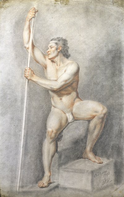 スタッフを抱える男性のヌード、1770年頃（紙に色チョーク） 作： English School