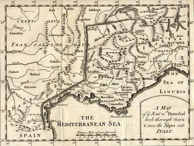 ハンニバルがガウルを通り、アルプスを越えてイタリアに至るルートの地図 作： English School