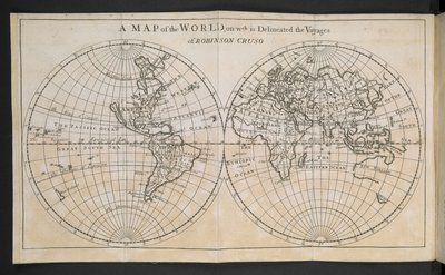 ロビンソン・クルーソーの航海が描かれた世界地図 作： English School