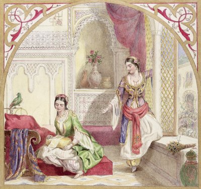 2人の女性とのムーア風インテリア、c.1840（紙にトイレ） 作： English School