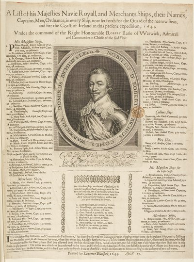 ワーウィック伯爵の肖像画が入った海軍輸送リスト 作： English School