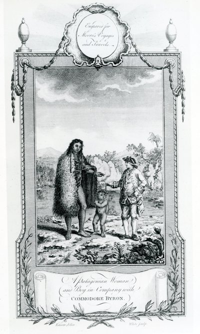 バイロン提督と一緒にいるパタゴニアの女性と少年、ムーアの航海と旅行、1778年から取られた図 作： English School