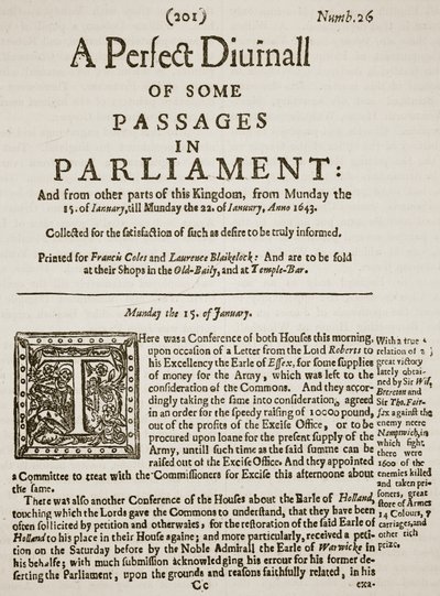 パーフェクトディウナール、1643号の最初のページの複製、1643年、カッセルズのイラスト入りイングランドの歴史（セピア写真） 作： English School