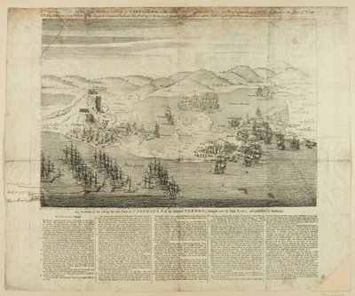 1739年の町、港、カルタヘナの砦の遠近法案、1741年発行（線画） 作： English School