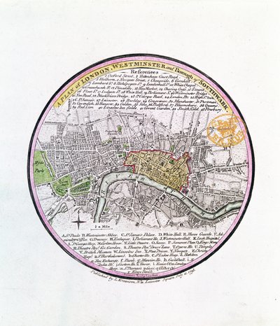ロンドン、ウェストミンスター、サザーク特別区の計画、1793年（手描きの彫刻） 作： English School