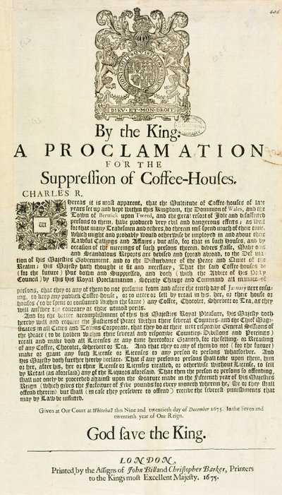 王家の宣言、コーヒーハウスの抑制のため、1675 作： English School