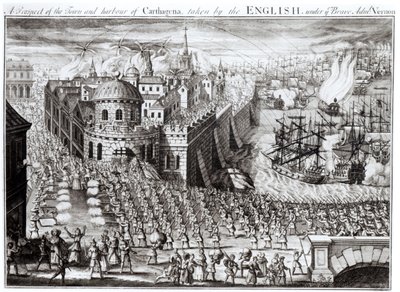 勇敢なヴァーノン提督の下でイギリス人が撮影したカルタヘナの町と港の展望、1741年 作： English School