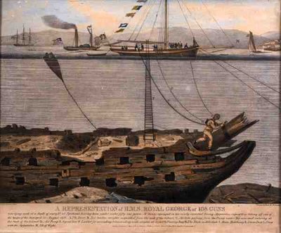 1833年に出版された108門のH.M.S.ロイヤル・ジョージの表現（彩色済み彫刻） 作： English School
