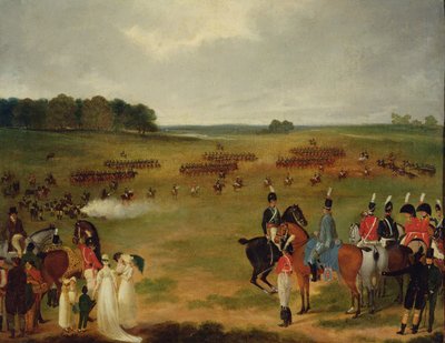 1804年の1804年のハイドパークのロンドンボランティア騎兵隊と飛行砲のレビュー（ボードに載せられた油はパネルに置かれました） 作： English School