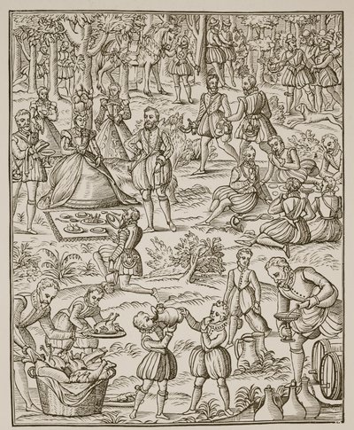 ロイヤルピクニック、Noven Art of Venerie and Hunting、George Turberville作のプレート、1575年（セピア写真） 作： English School